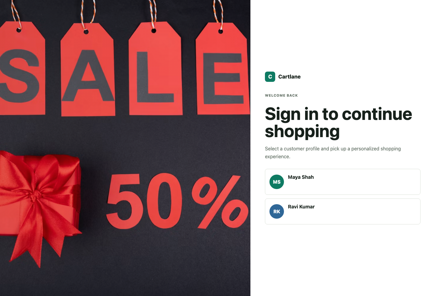 Customer login screen for the shopping cart demo