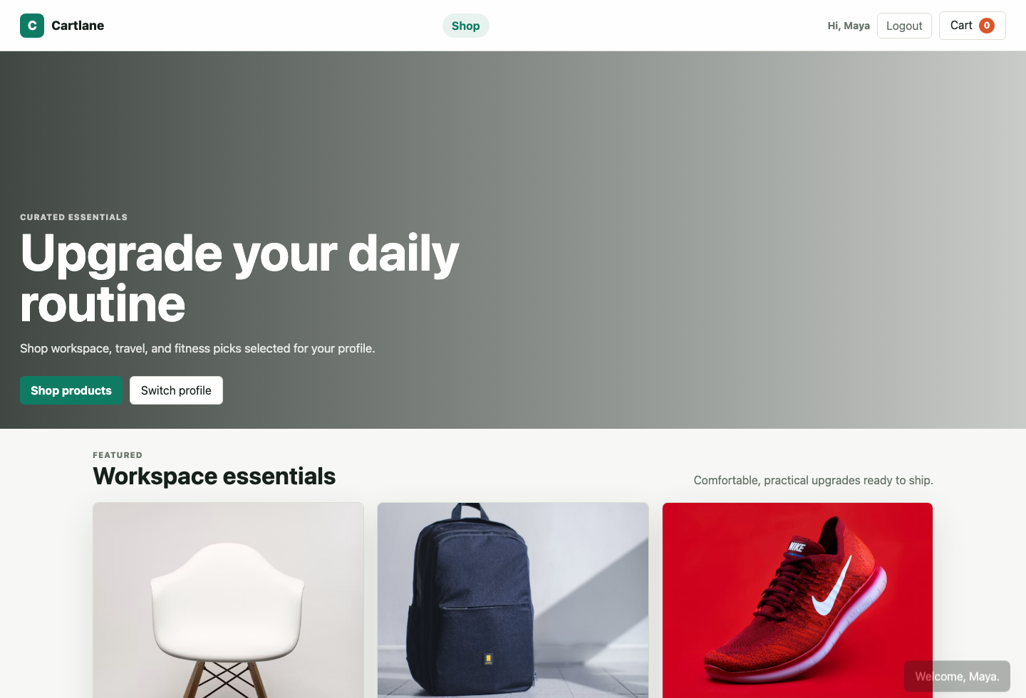 Storefront page after login