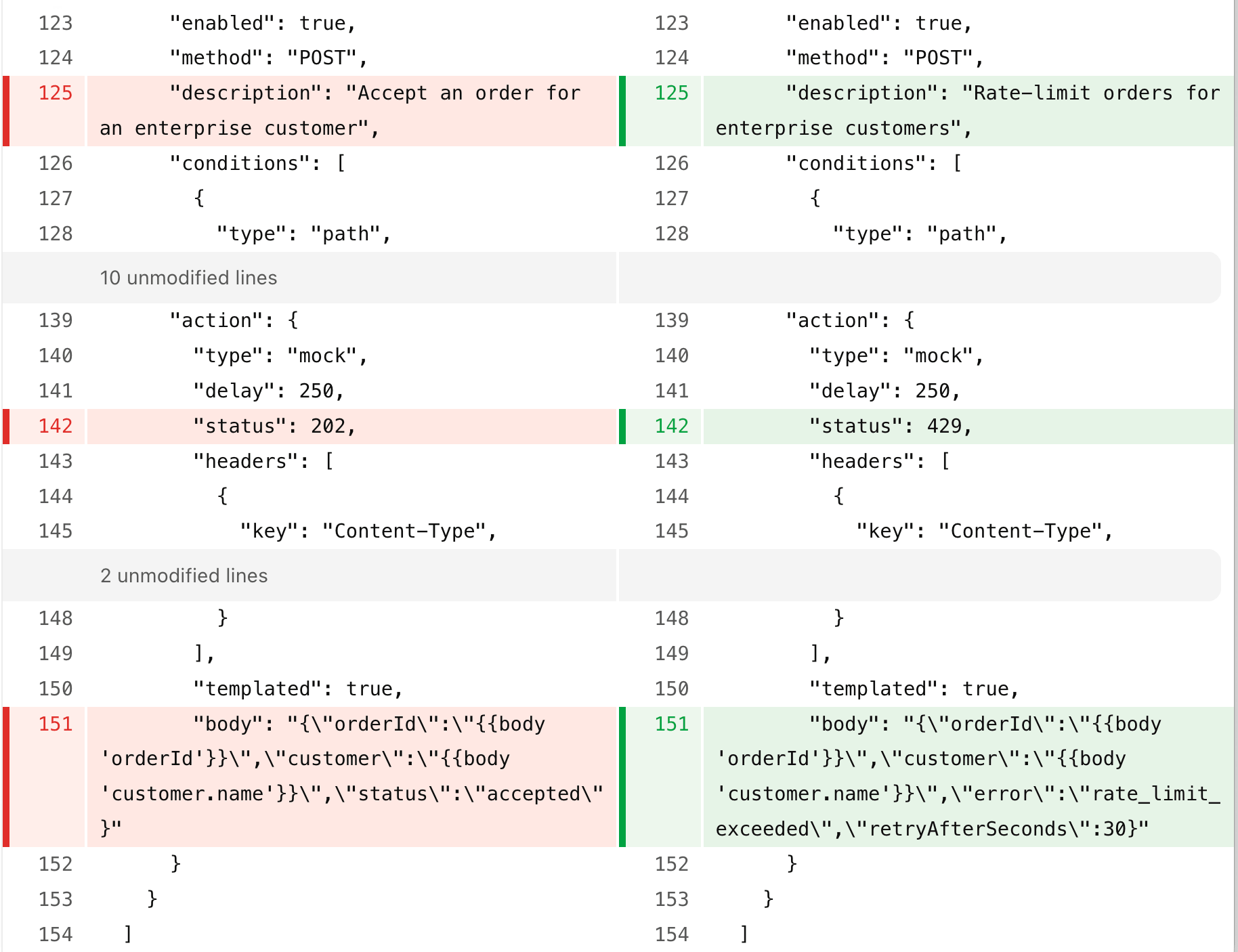 Git diff showing a versioned service virtualization rule changing from an accepted order to a rate-limit response