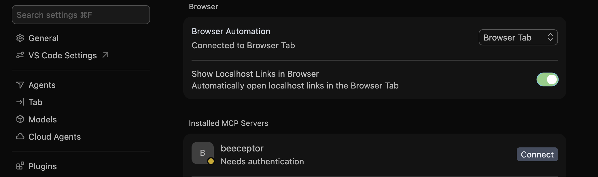 Cursor MCP — beeceptor Needs authentication, Connect button