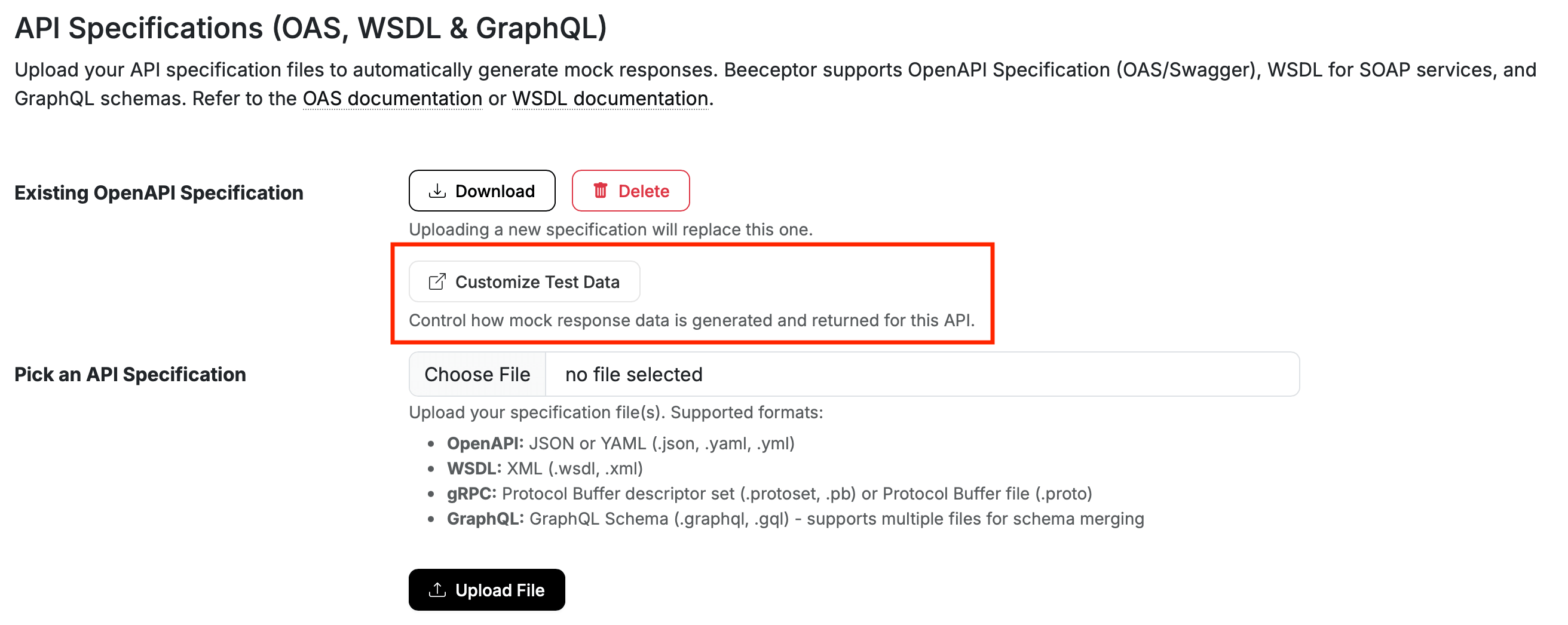 OpenAPI test data configuration screen