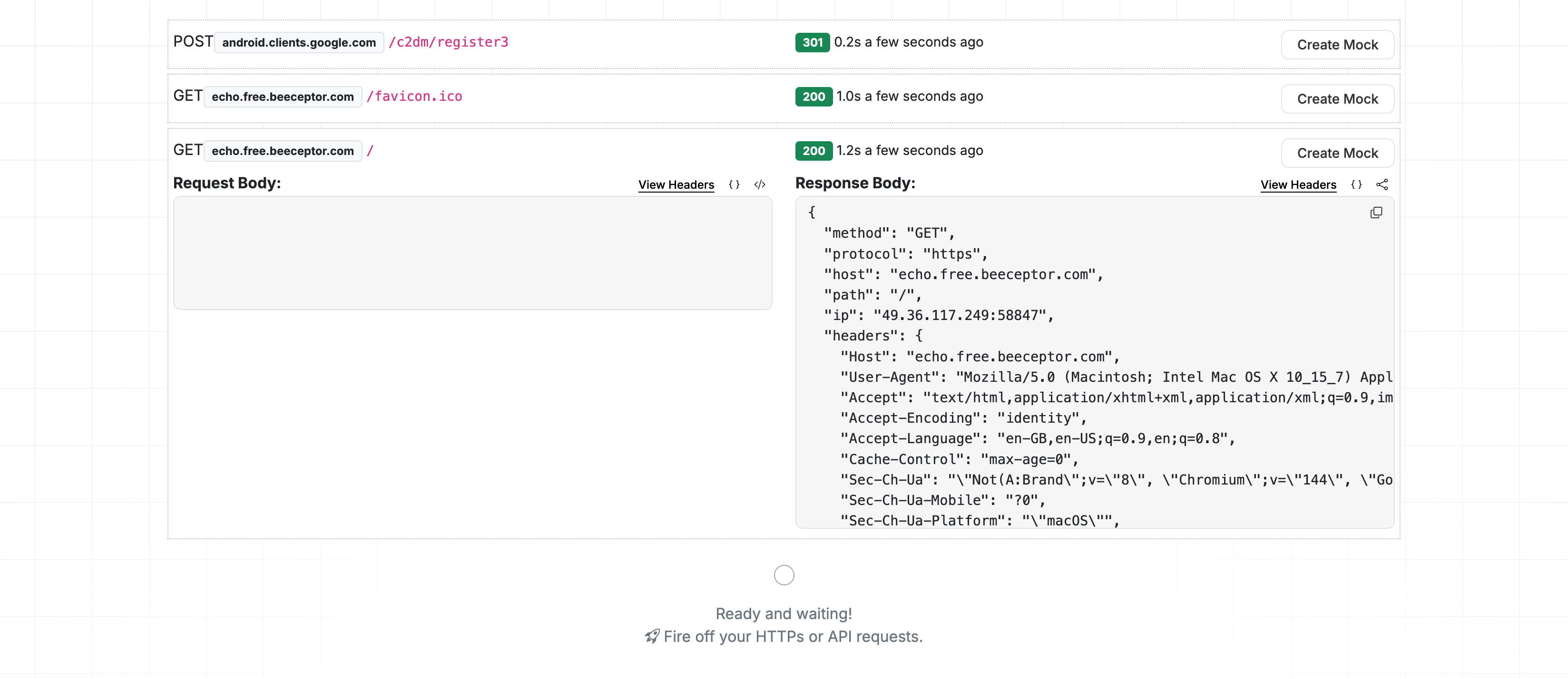 Console Page Showing Intercepted Request