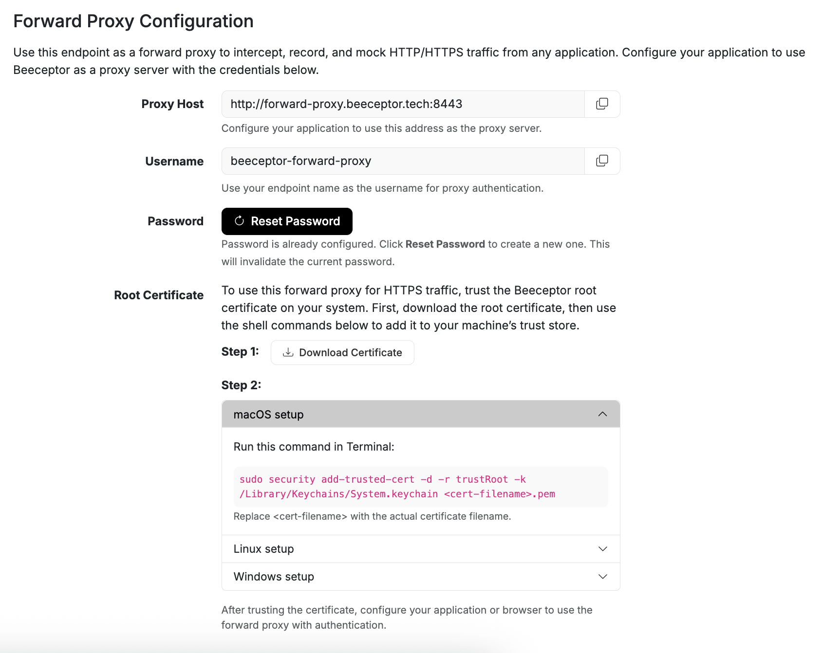 Endpoint settings page showing Forward Proxy Configuration section with password generation modal