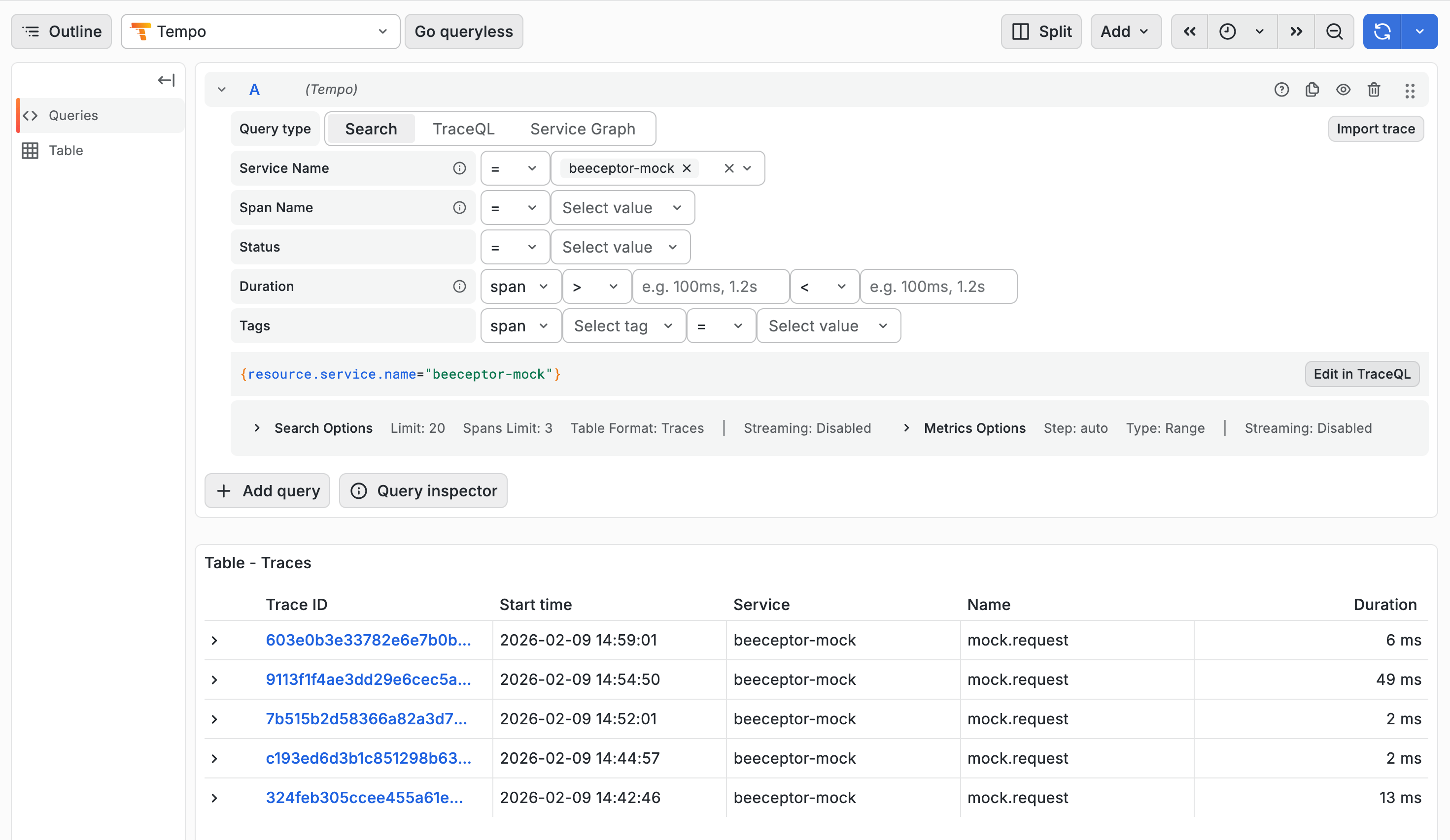 Grafana Explore showing list of traces with beeceptor-mock service