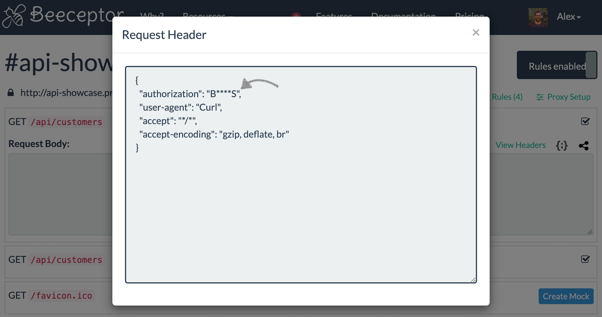 HTTP headers masked in dashboard