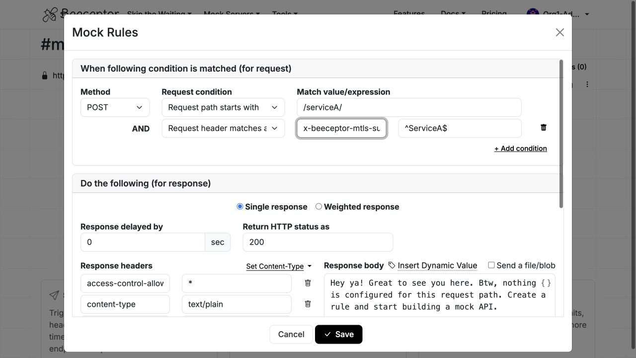 Mock rule matching an mTLS certificate subject