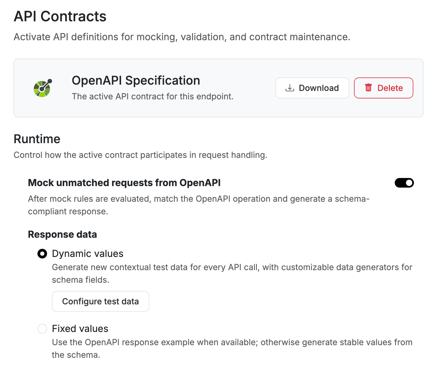 OpenAPI runtime settings with Dynamic values and Fixed values response data options