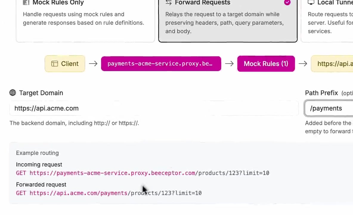 Routing popup showing Target Domain, optional Path Prefix, and the incoming and forwarded request URLs