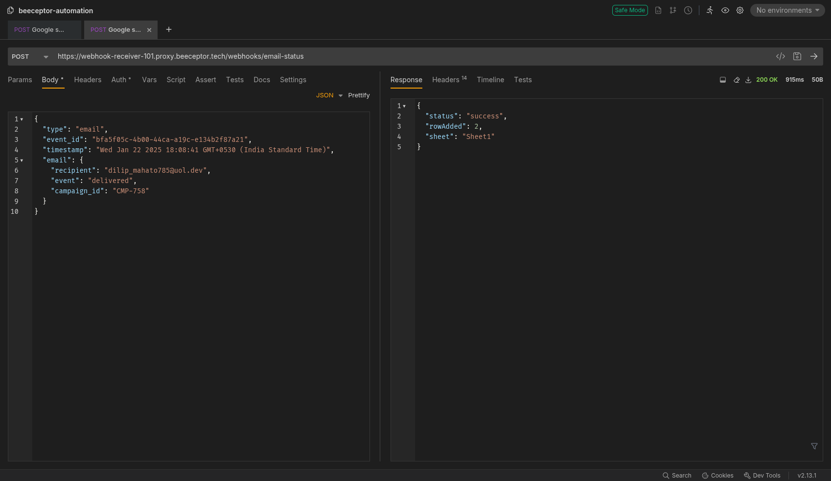 Request 2 - Sending an email delivered event
